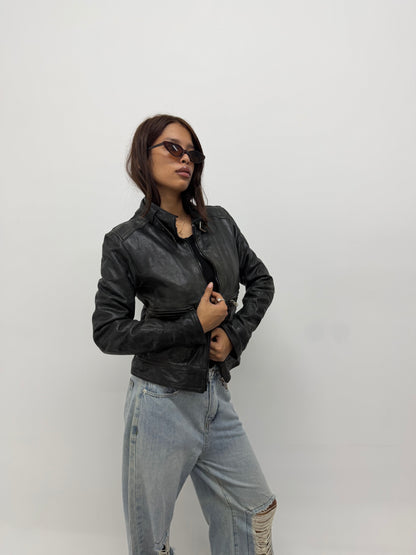 Women’s Vintage Black Fitted Biker Leather Jacket