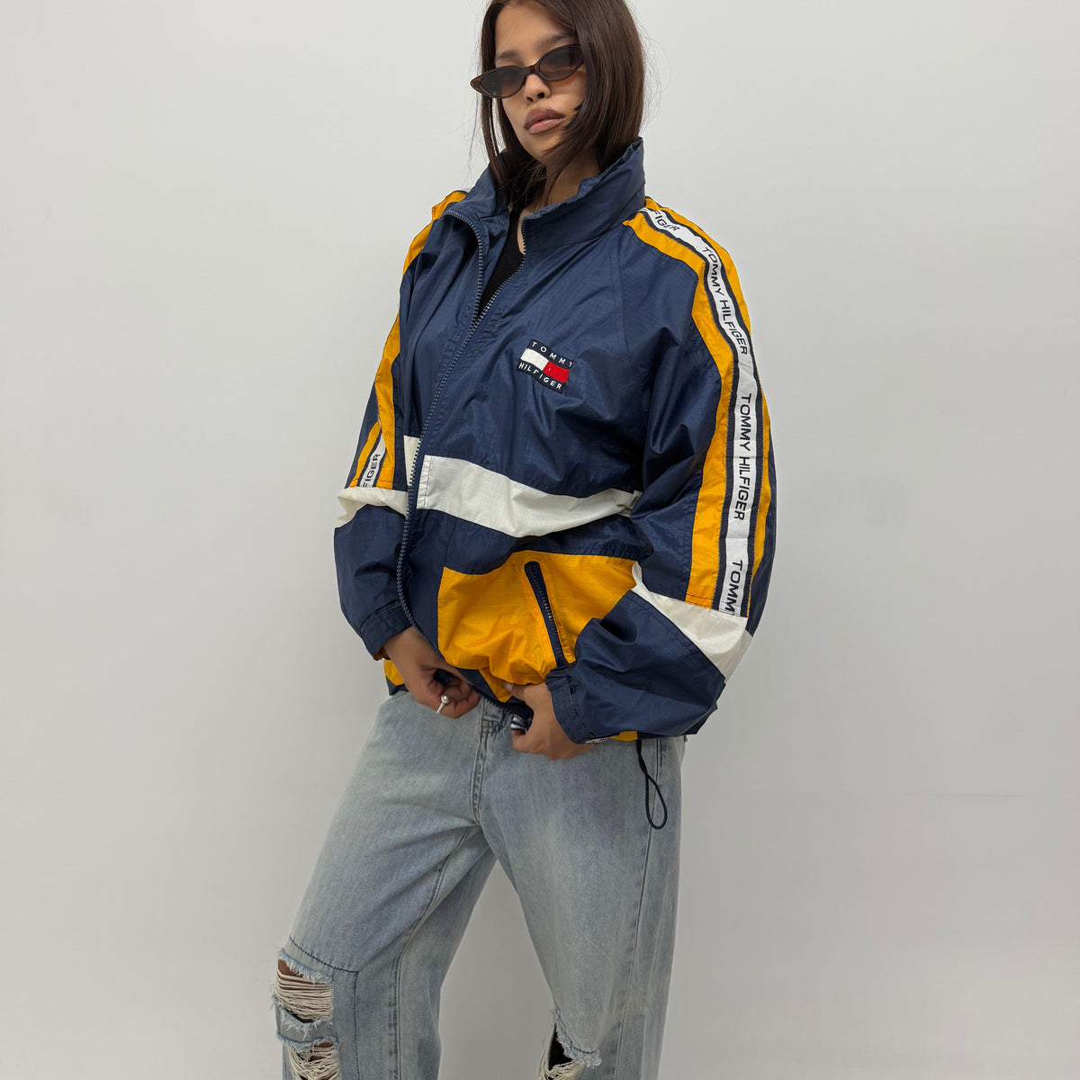 Unisex Vintage Blue and Yellow Oversized TH Windbreaker Jacket
