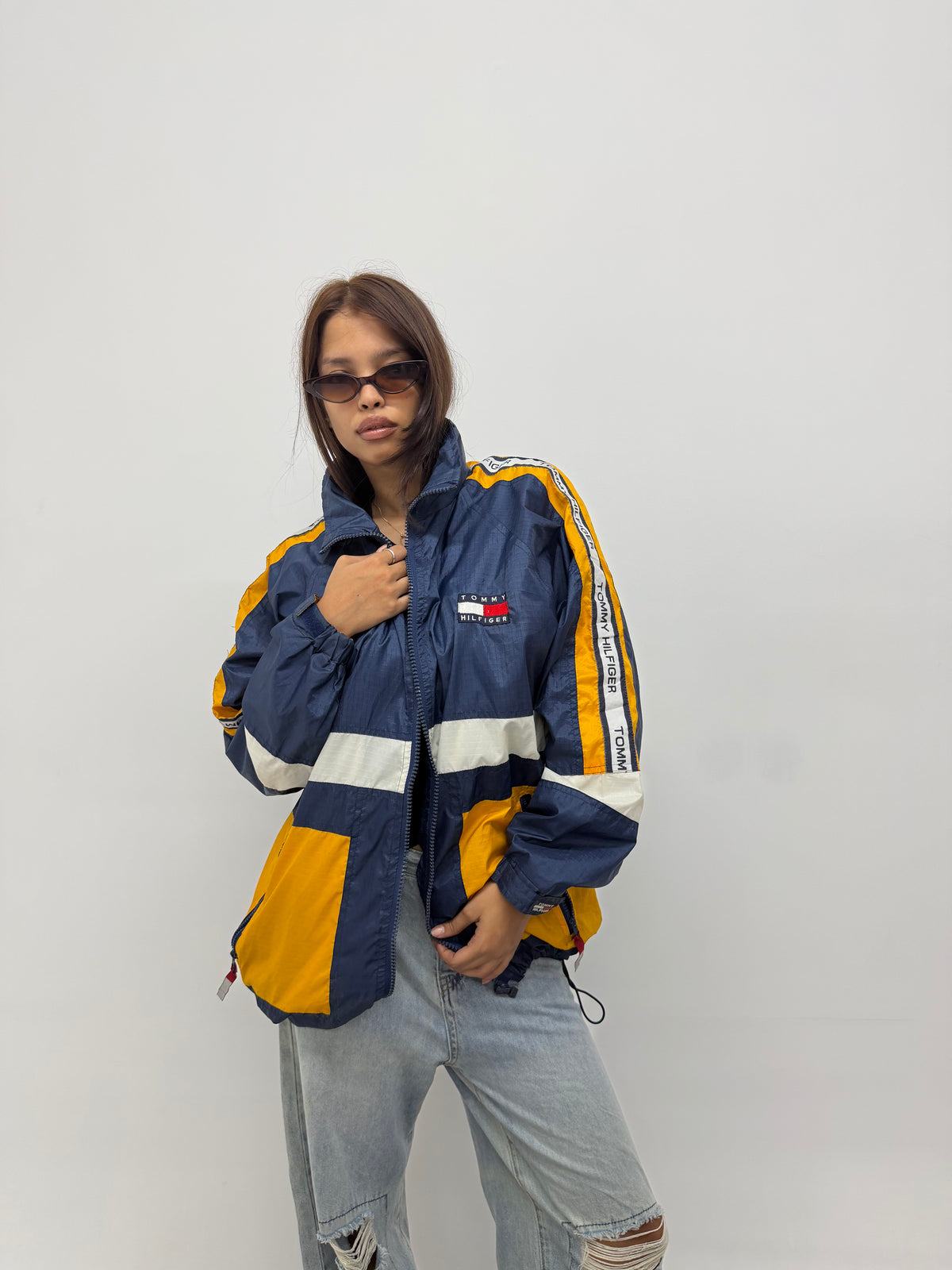 Unisex Vintage Blue and Yellow Oversized TH Windbreaker Jacket
