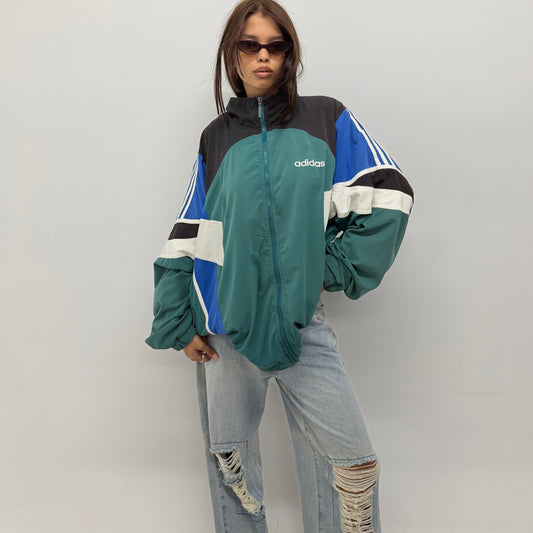 Unisex Vintage Green and Blue Colorblock Windbreaker Jacket