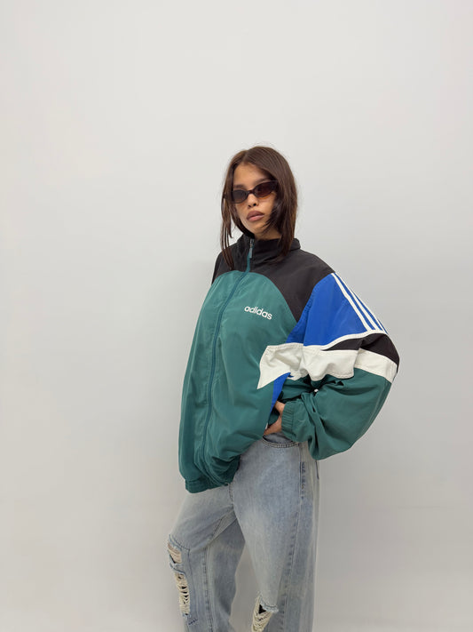 Unisex Vintage Green and Blue Colorblock Windbreaker Jacket