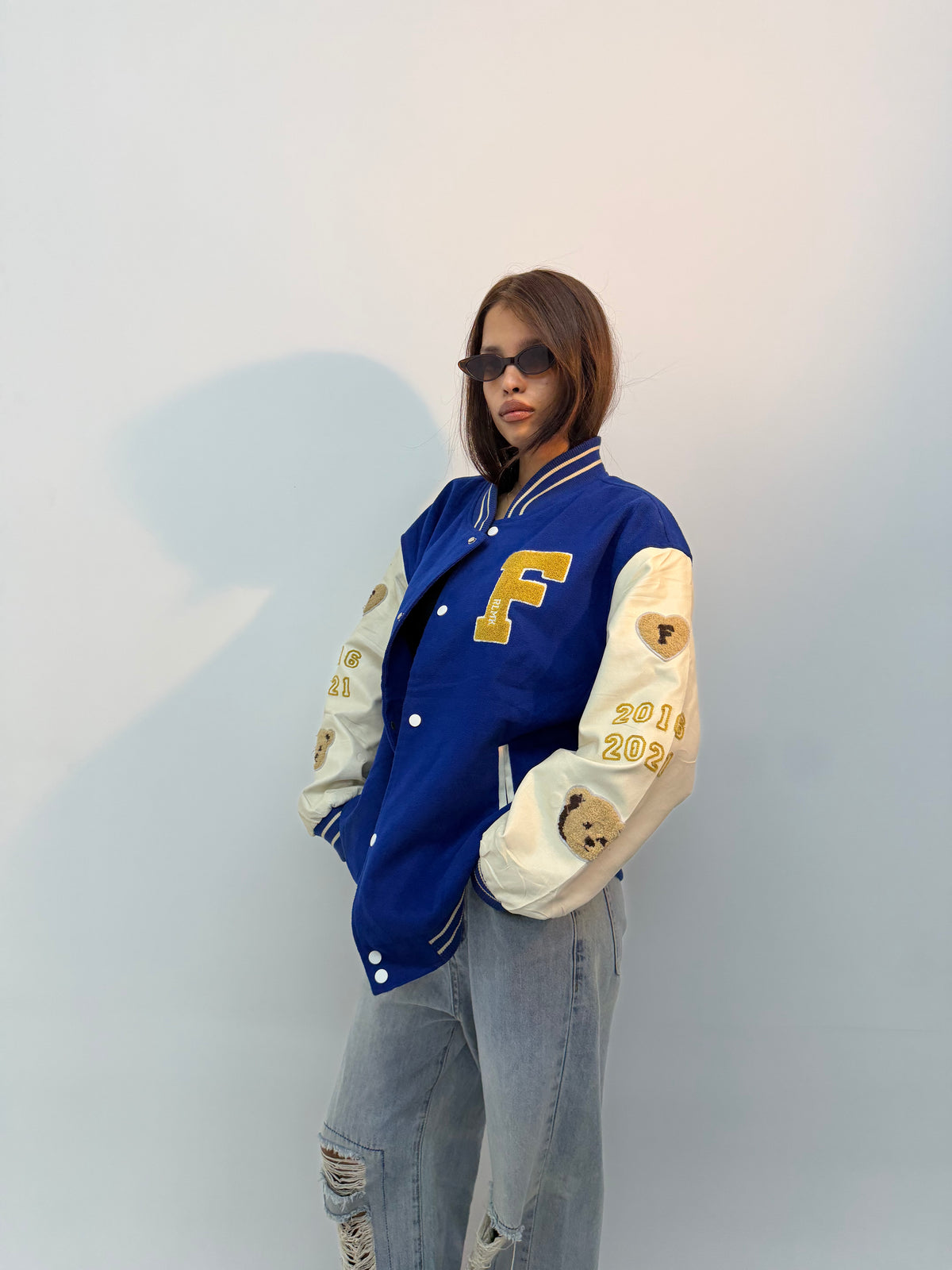 Unisex Vintage Royal Blue & Beige Teddy Patch Oversized Varsity Jacket