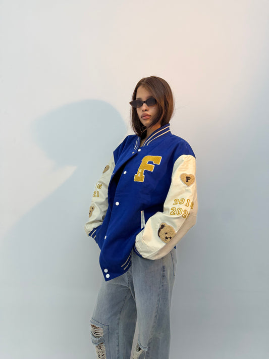 Unisex Vintage Royal Blue & Beige Teddy Patch Oversized Varsity Jacket