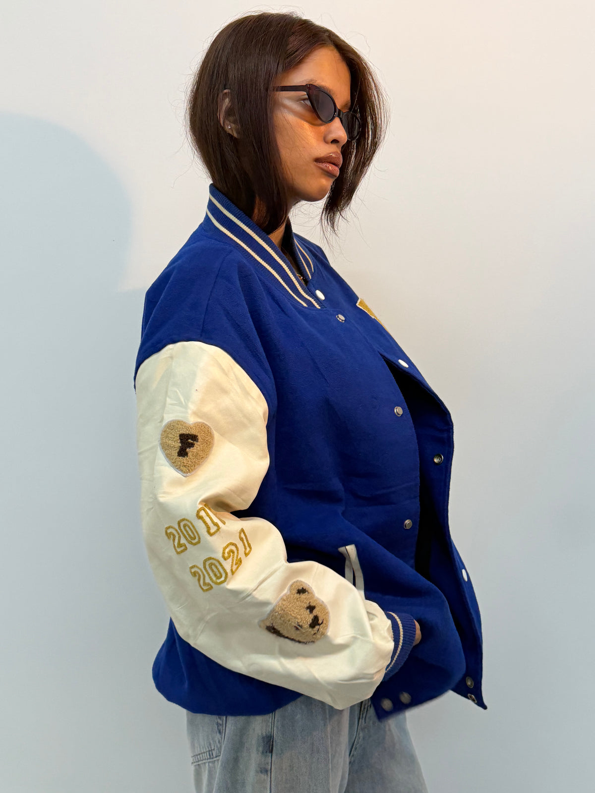 Unisex Vintage Royal Blue & Beige Teddy Patch Oversized Varsity Jacket