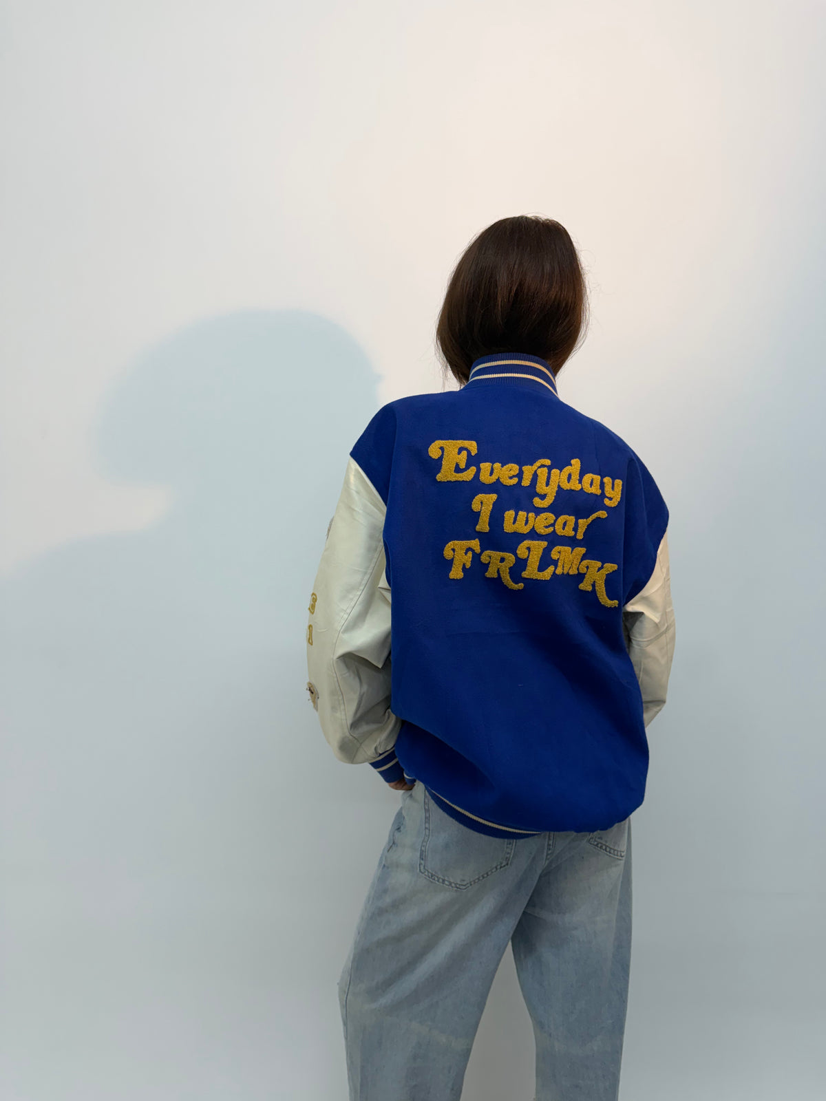 Unisex Vintage Royal Blue & Beige Teddy Patch Oversized Varsity Jacket