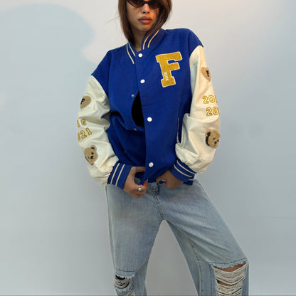 Unisex Vintage Royal Blue & Beige Teddy Patch Oversized Varsity Jacket