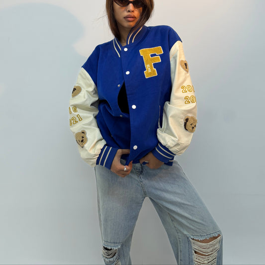 Unisex Vintage Royal Blue & Beige Teddy Patch Oversized Varsity Jacket
