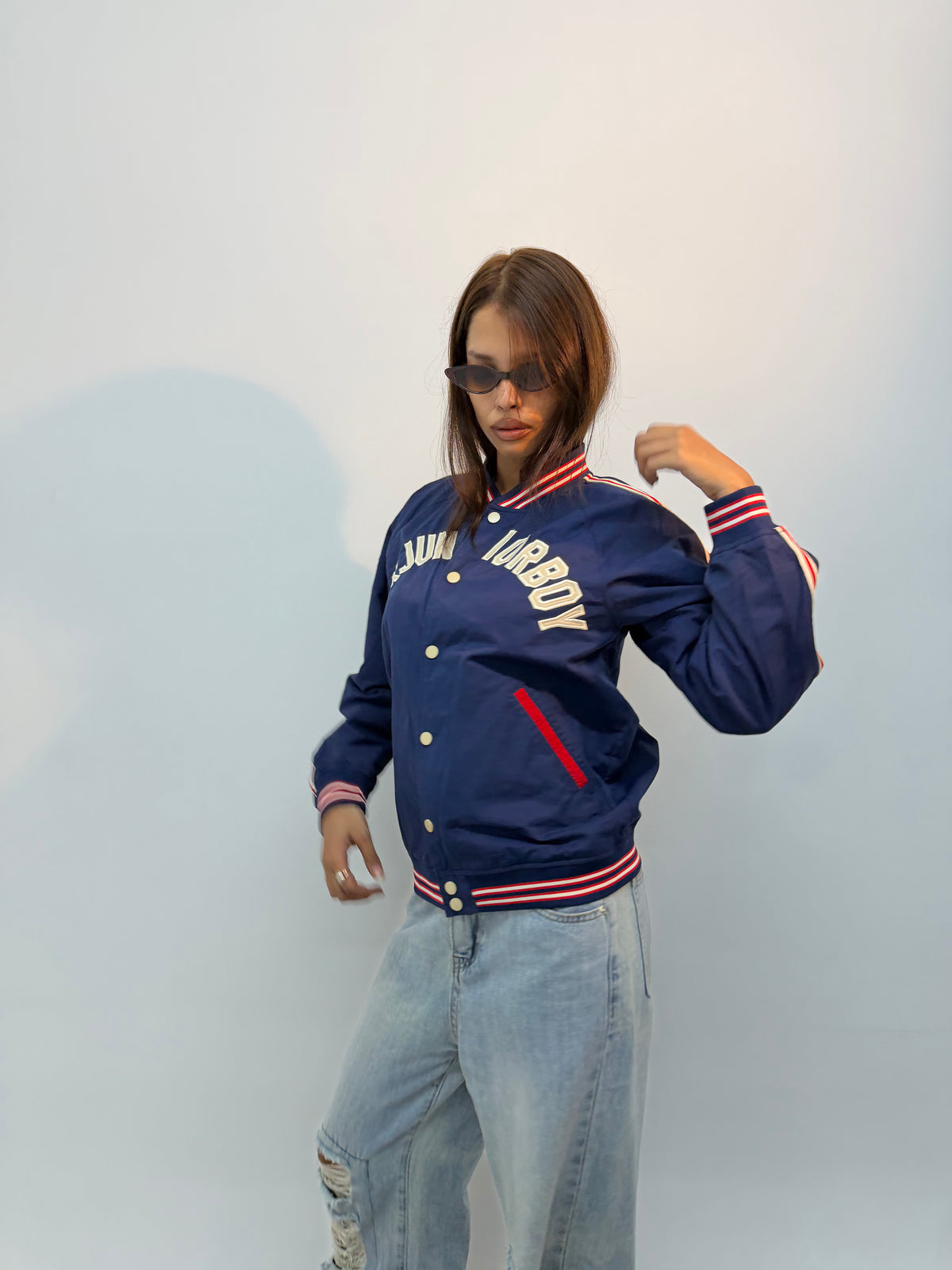Vintage Navy Blue Embroidered Varsity Bomber Jacket