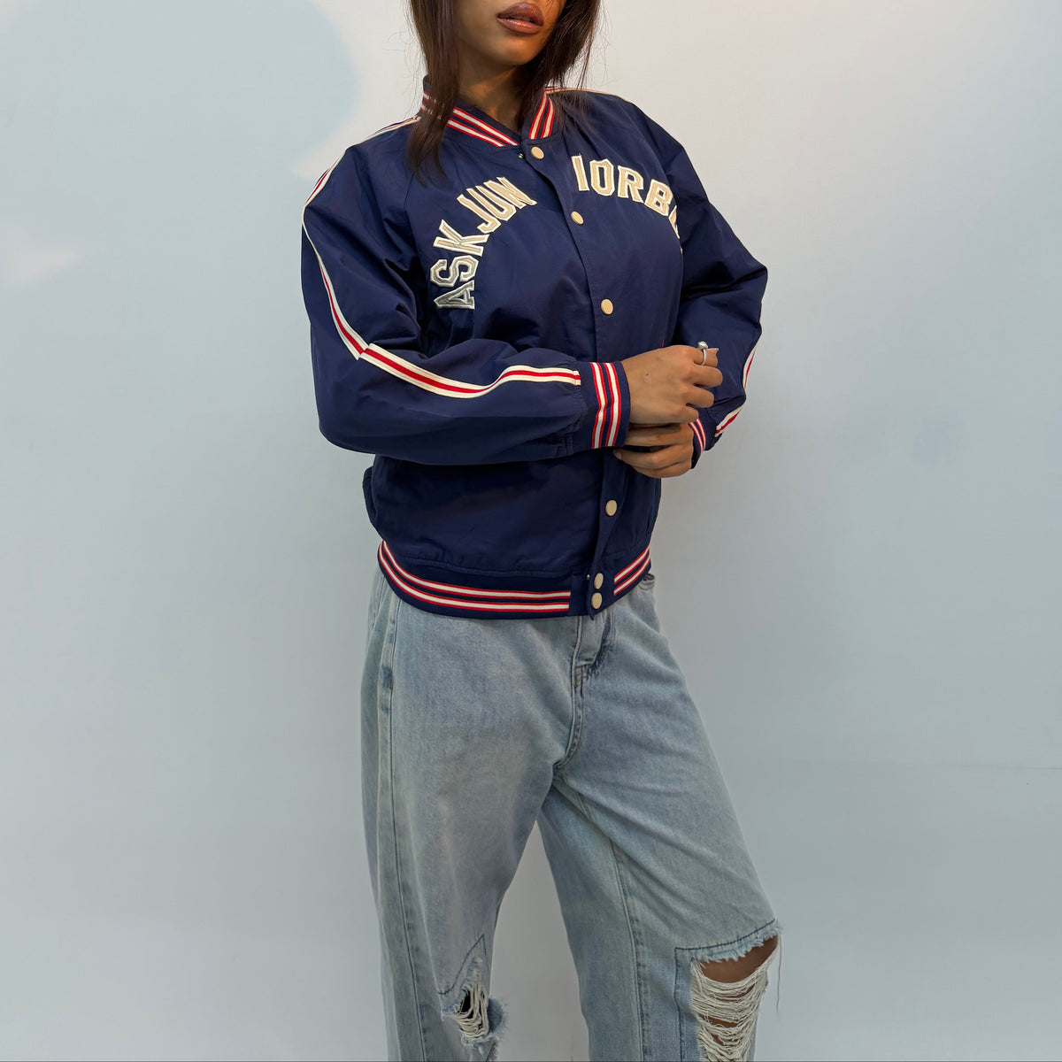 Vintage Navy Blue Embroidered Varsity Bomber Jacket