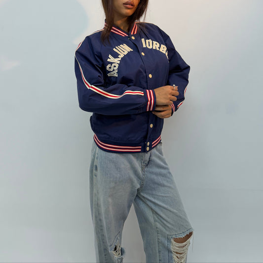 Vintage Navy Blue Embroidered Varsity Bomber Jacket