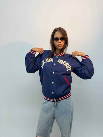Vintage Navy Blue Embroidered Varsity Bomber Jacket