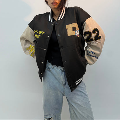 Unisex Vintage Beige and Black Graphic Embroidered Bomber Jacket