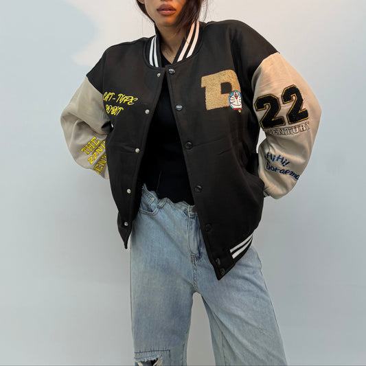 Unisex Vintage Beige and Black Graphic Embroidered Bomber Jacket