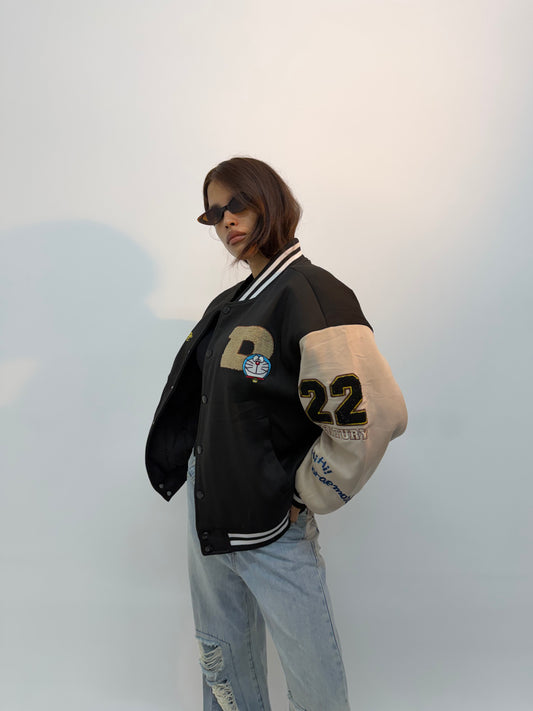 Unisex Vintage Beige and Black Graphic Embroidered Bomber Jacket