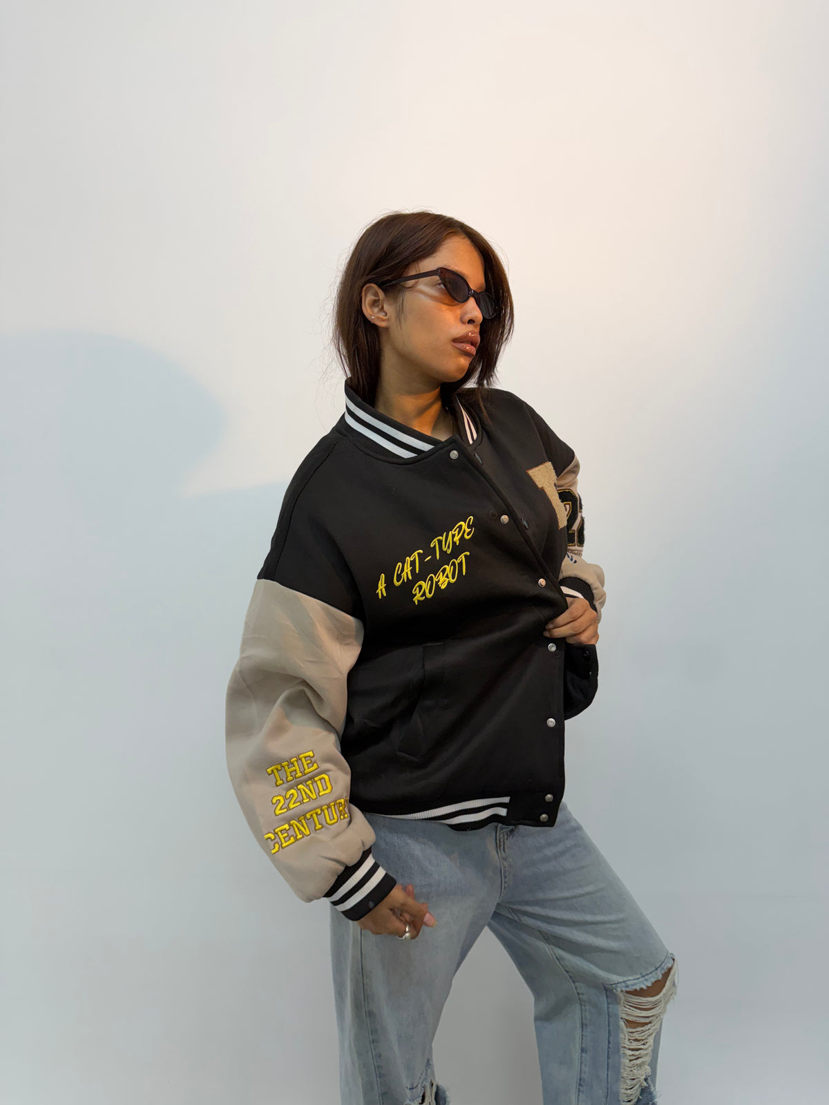 Unisex Vintage Beige and Black Graphic Embroidered Bomber Jacket