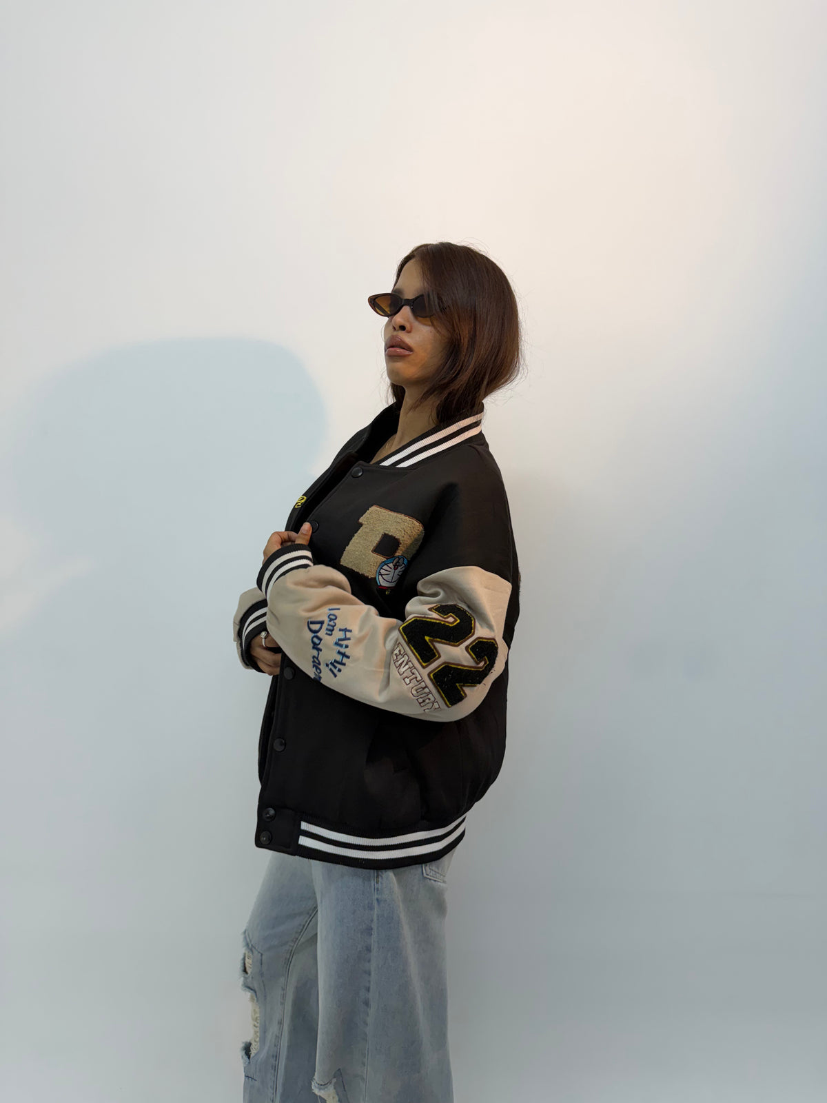 Unisex Vintage Beige and Black Graphic Embroidered Bomber Jacket