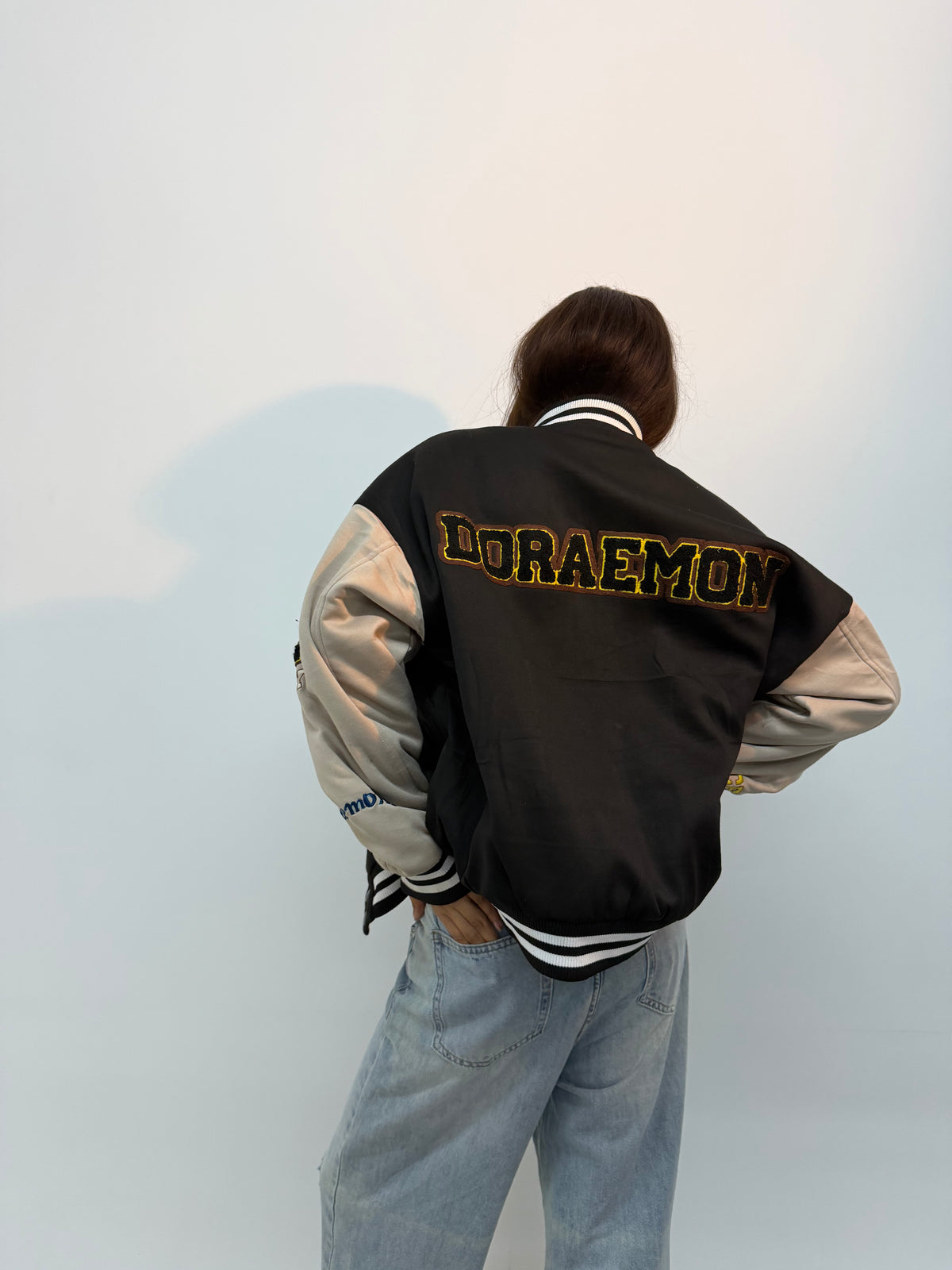 Unisex Vintage Beige and Black Graphic Embroidered Bomber Jacket
