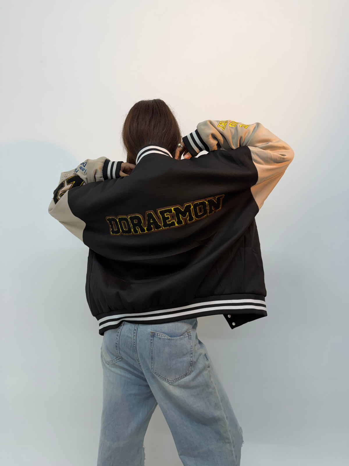 Unisex Vintage Beige and Black Graphic Embroidered Bomber Jacket