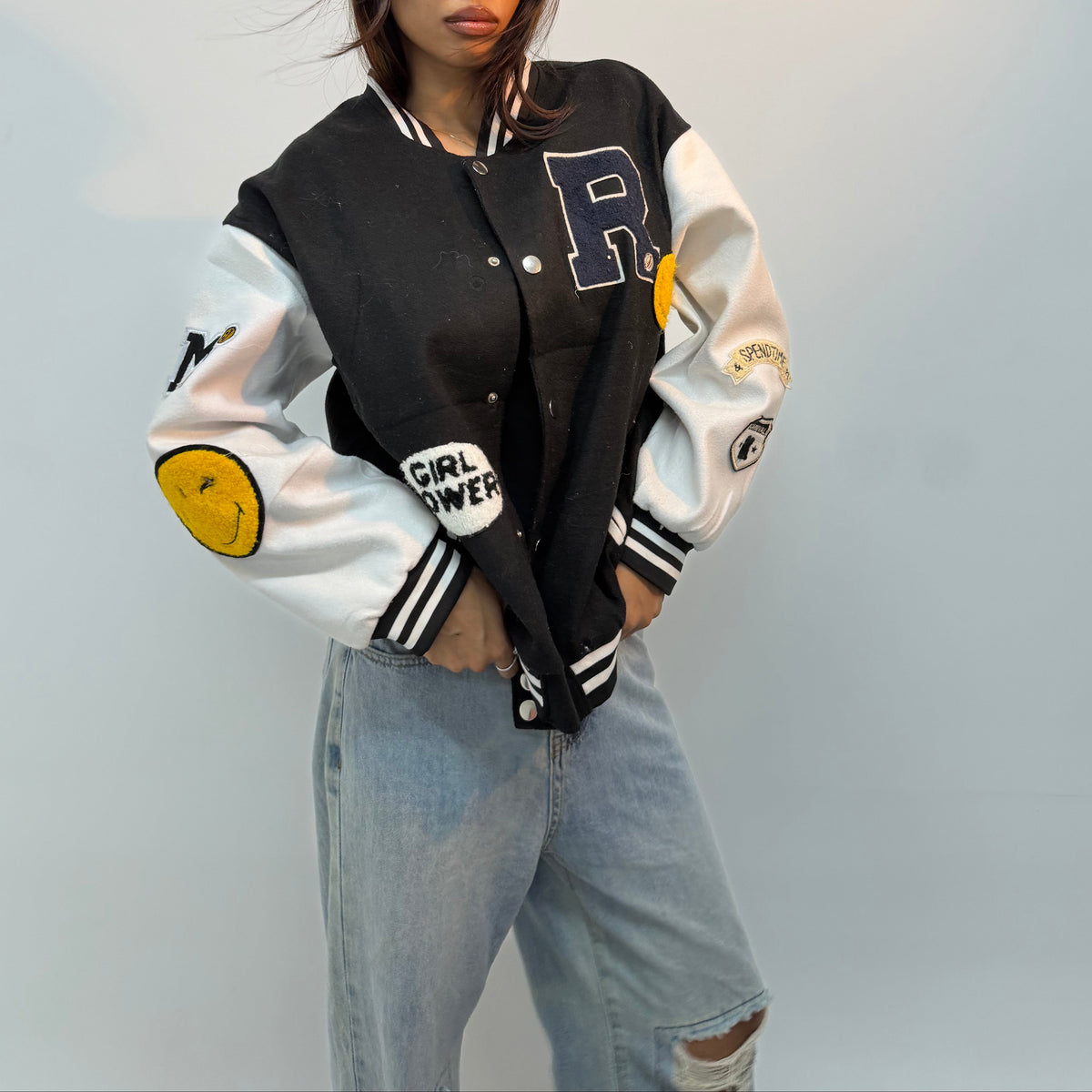 Unisex Black & White Patchwork Varsity Jacket