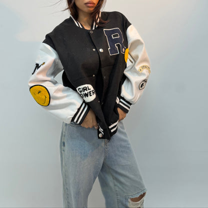 Unisex Black & White Patchwork Varsity Jacket