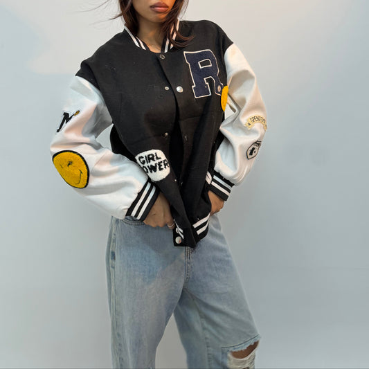 Unisex Black & White Patchwork Varsity Jacket