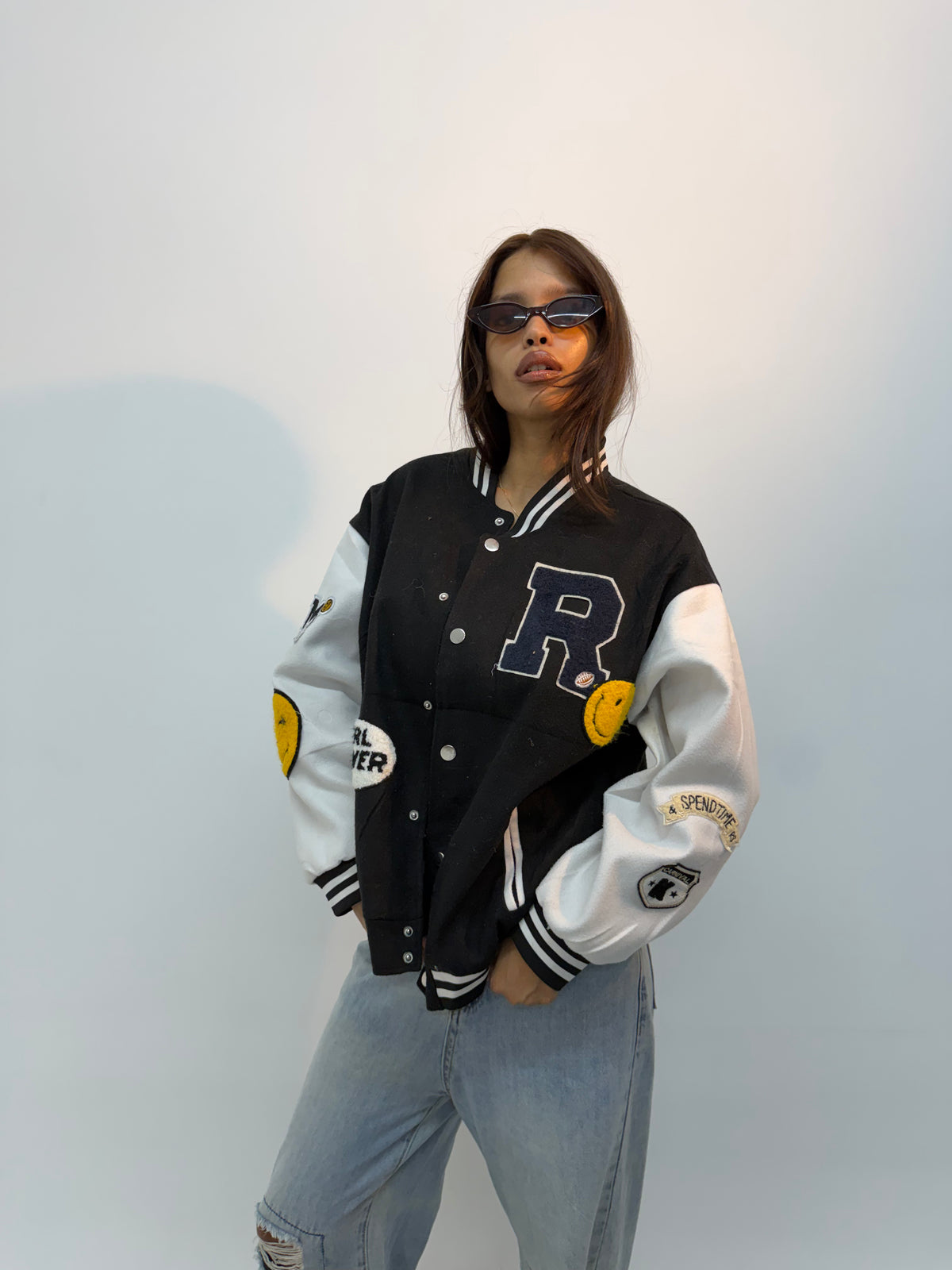 Unisex Black & White Patchwork Varsity Jacket