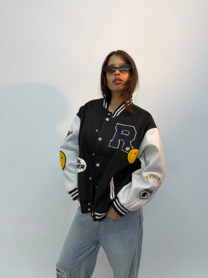 Unisex Black & White Patchwork Varsity Jacket