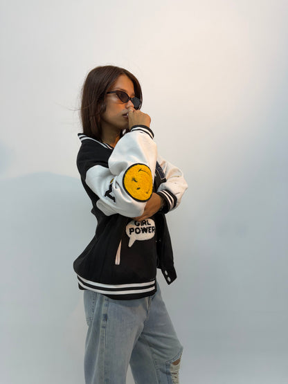 Unisex Black & White Patchwork Varsity Jacket