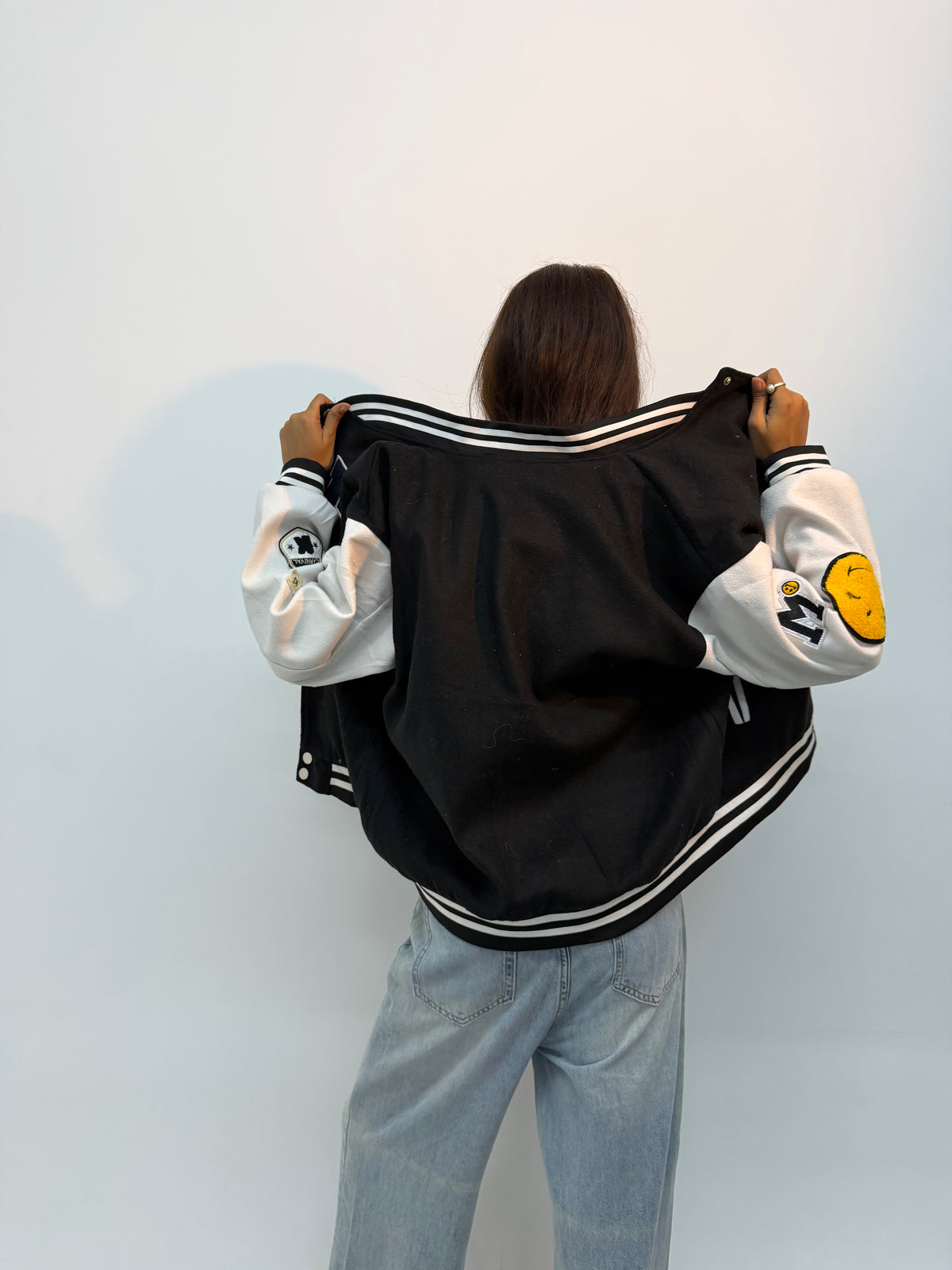 Unisex Black & White Patchwork Varsity Jacket