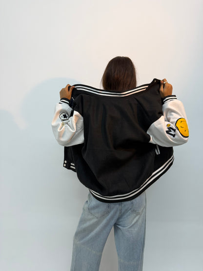 Unisex Black & White Patchwork Varsity Jacket