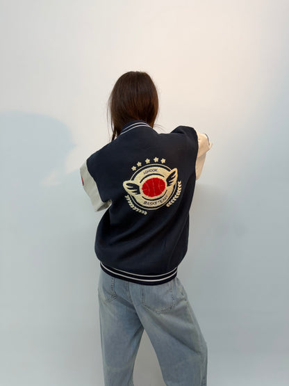 Navy Blue & Cream Patchwork Oversized Varsity Jacket