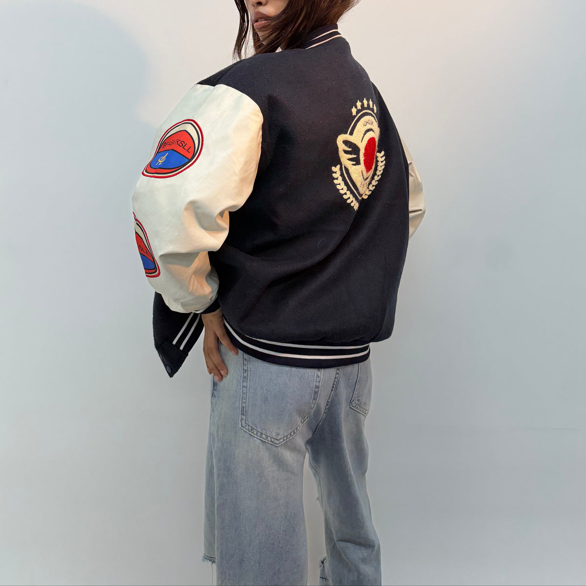 Navy Blue & Cream Patchwork Oversized Varsity Jacket