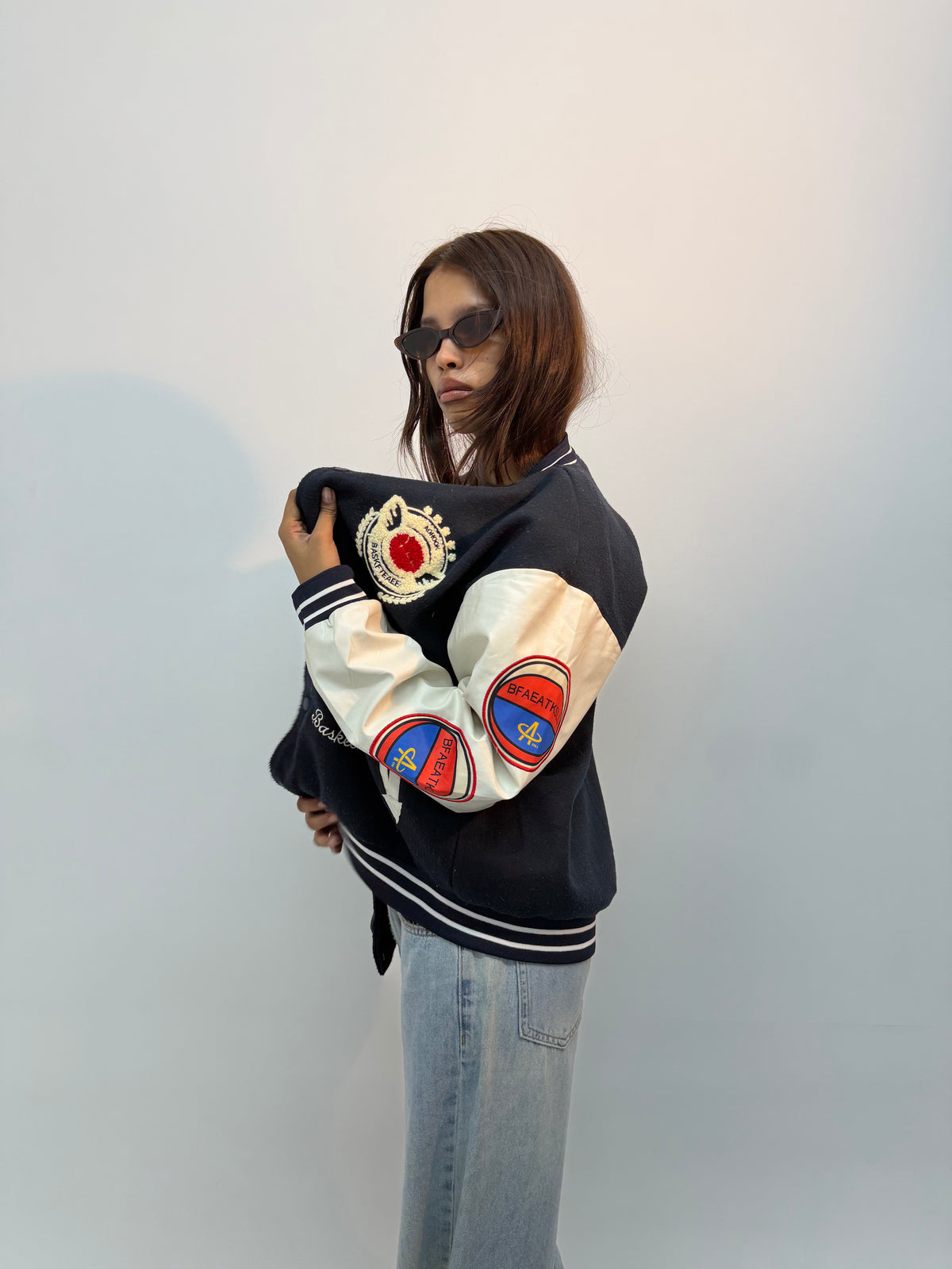 Navy Blue & Cream Patchwork Oversized Varsity Jacket