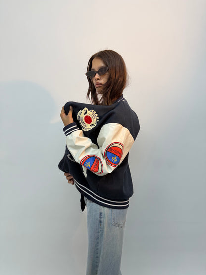 Navy Blue & Cream Patchwork Oversized Varsity Jacket