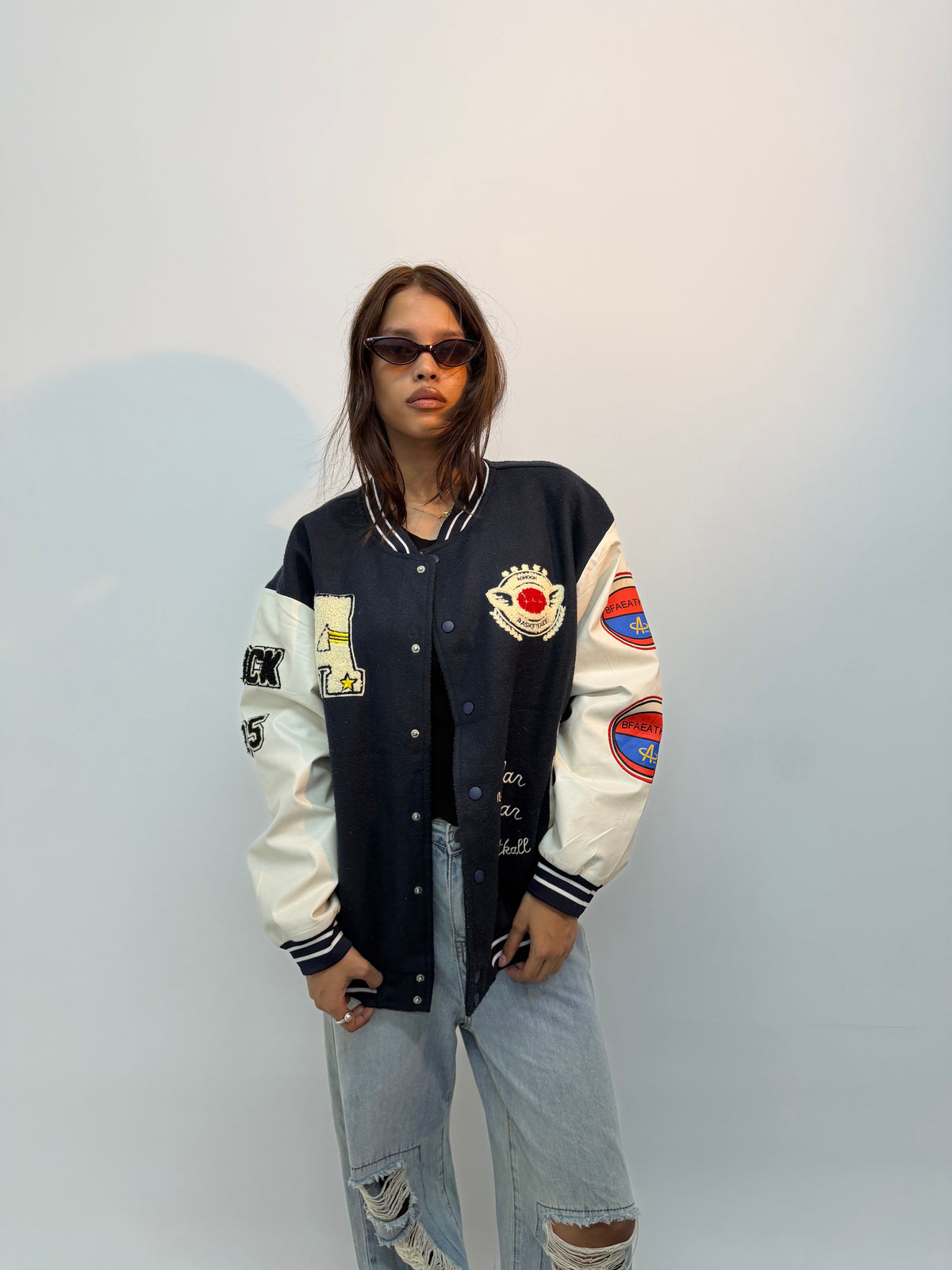 Navy Blue & Cream Patchwork Oversized Varsity Jacket