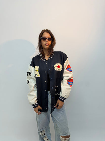 Navy Blue & Cream Patchwork Oversized Varsity Jacket