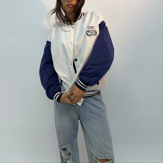 Unisex Vintage White & Navy Blue Colorblock Varsity Bomber Jacket