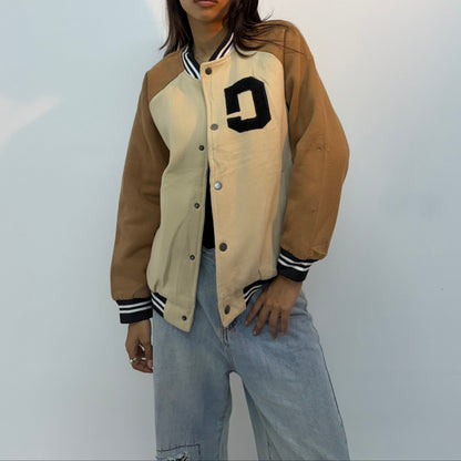 Vintage Unisex Cream & Brown Varsity Bomber Jacket