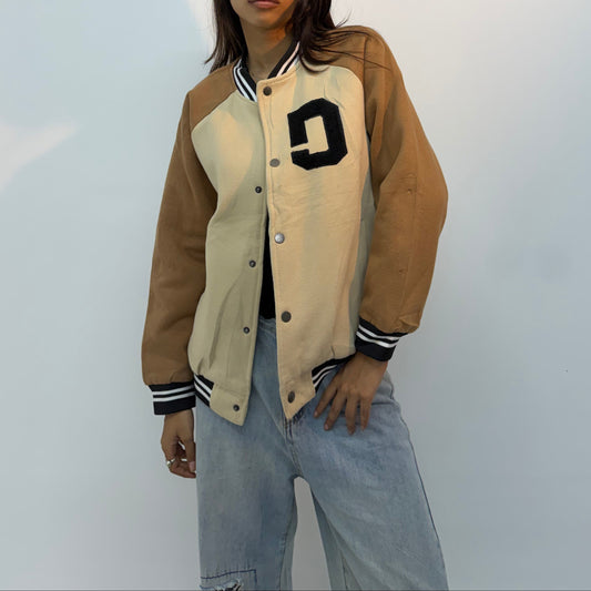 Vintage Unisex Cream & Brown Varsity Bomber Jacket