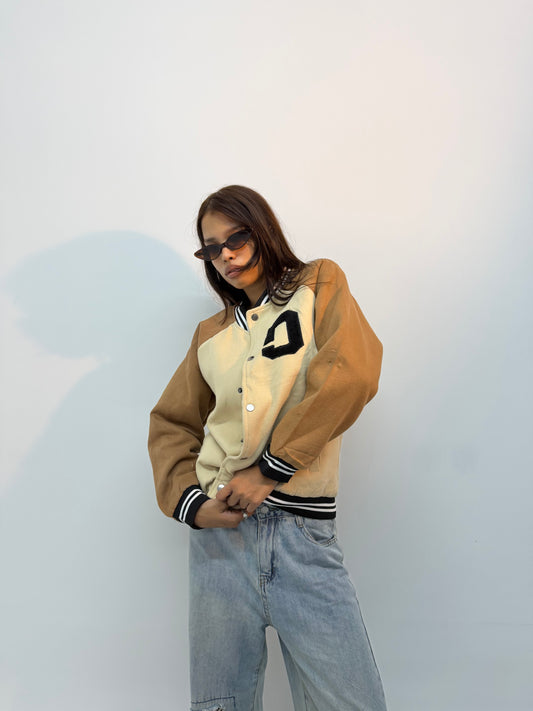 Vintage Unisex Cream & Brown Varsity Bomber Jacket