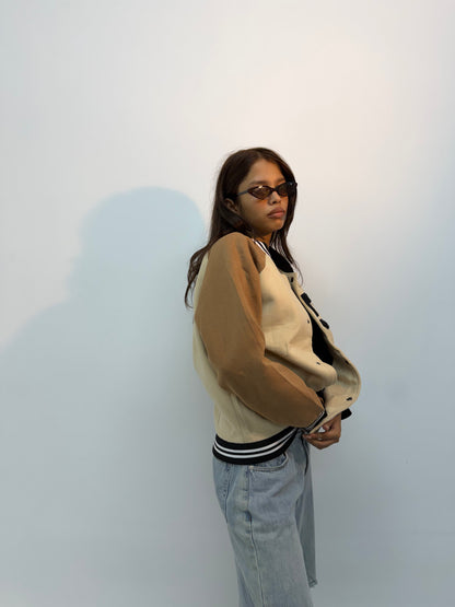 Vintage Unisex Cream & Brown Varsity Bomber Jacket