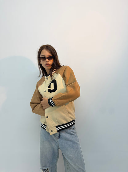 Vintage Unisex Cream & Brown Varsity Bomber Jacket
