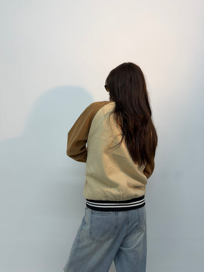 Vintage Unisex Cream & Brown Varsity Bomber Jacket