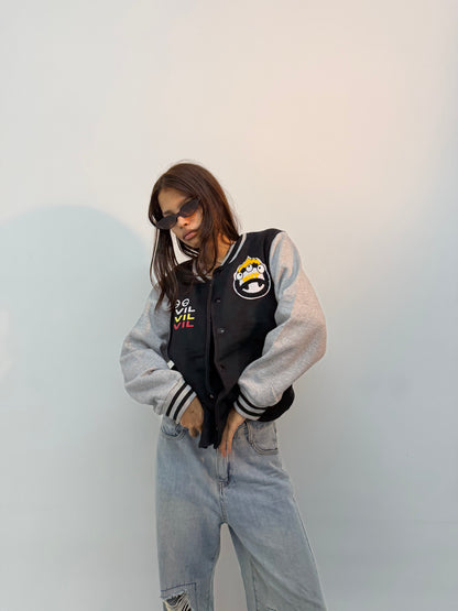 Vintage Unisex Black & Grey Varsity Bomber Jacket