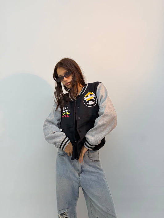 Vintage Unisex Black & Grey Varsity Bomber Jacket