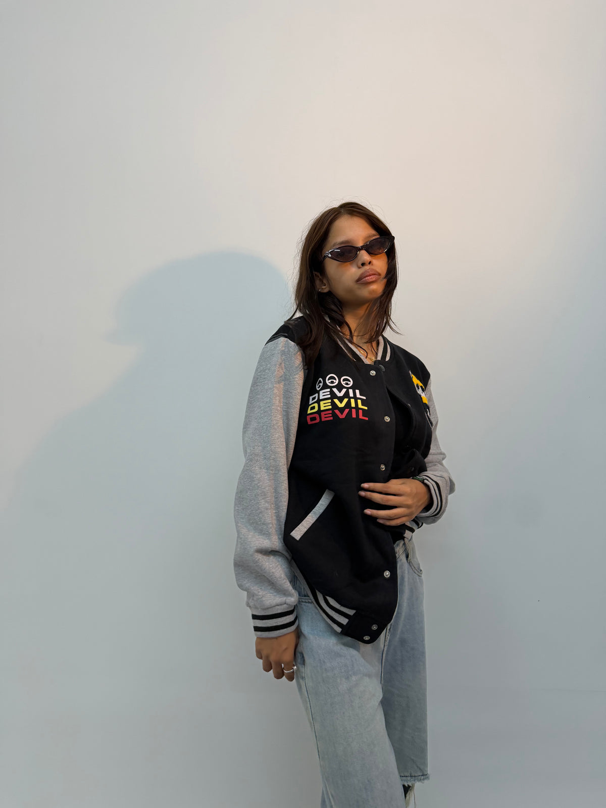 Vintage Unisex Black & Grey Varsity Bomber Jacket