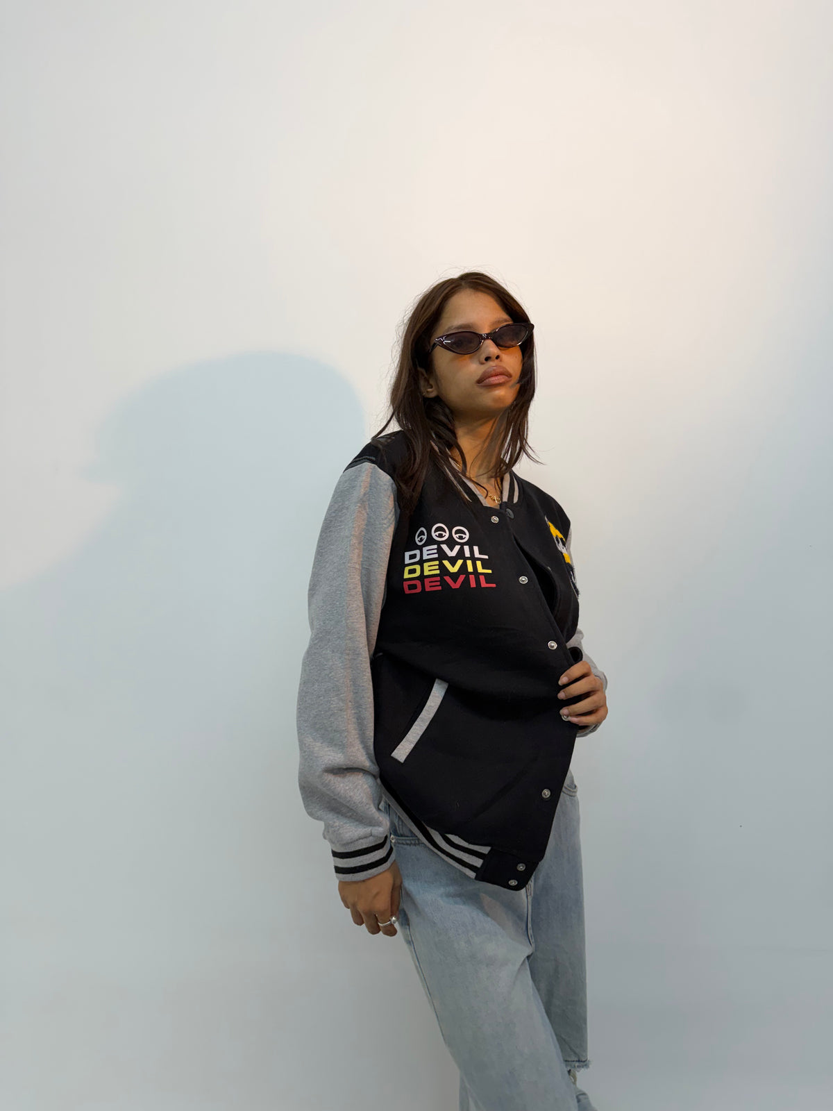 Vintage Unisex Black & Grey Varsity Bomber Jacket