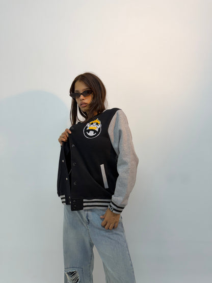 Vintage Unisex Black & Grey Varsity Bomber Jacket