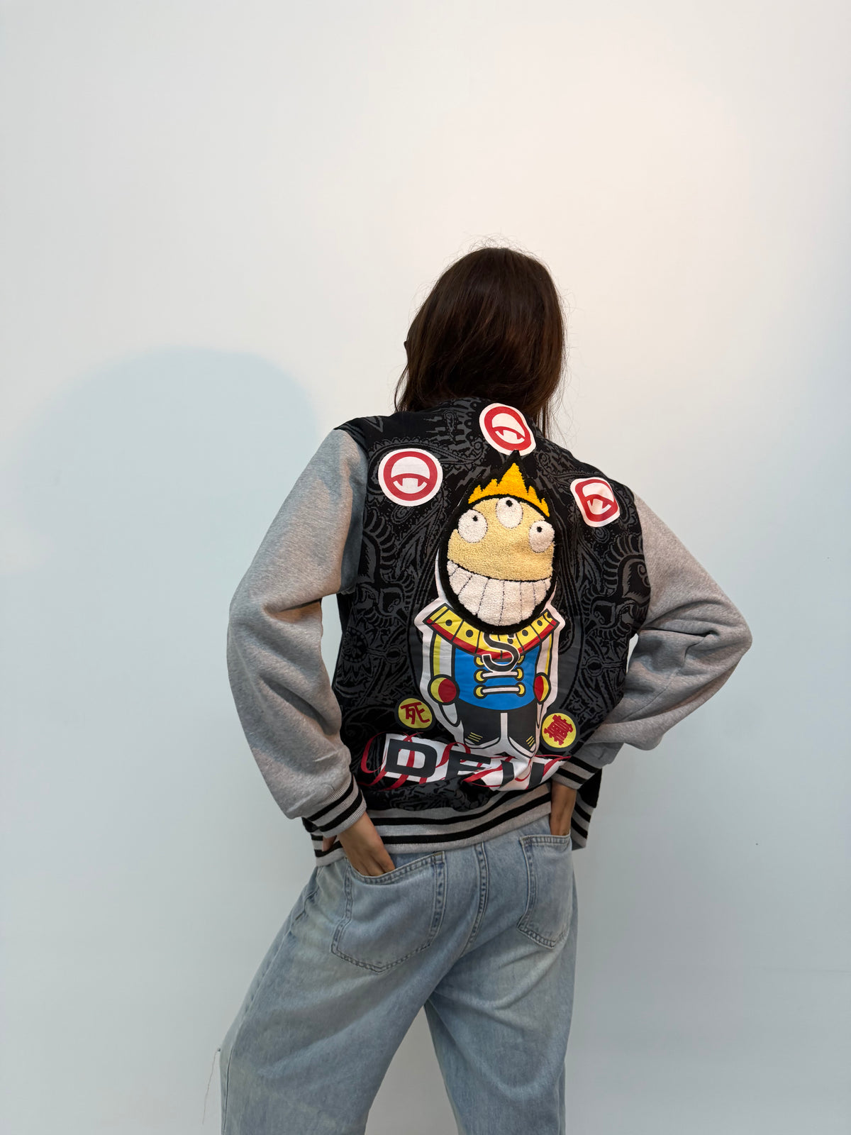 Vintage Unisex Black & Grey Varsity Bomber Jacket