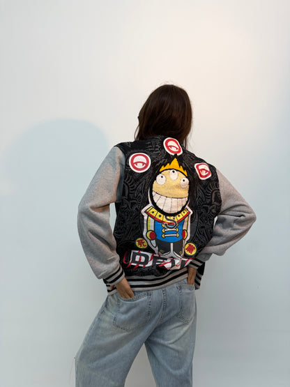 Vintage Unisex Black & Grey Varsity Bomber Jacket